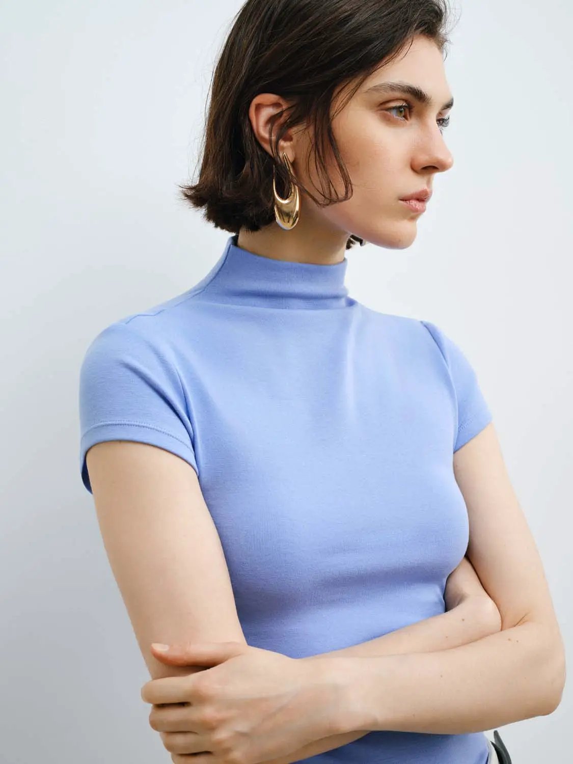 Women's modal knit T-shirt in light blue with smooth finish and medium-weight silhouette