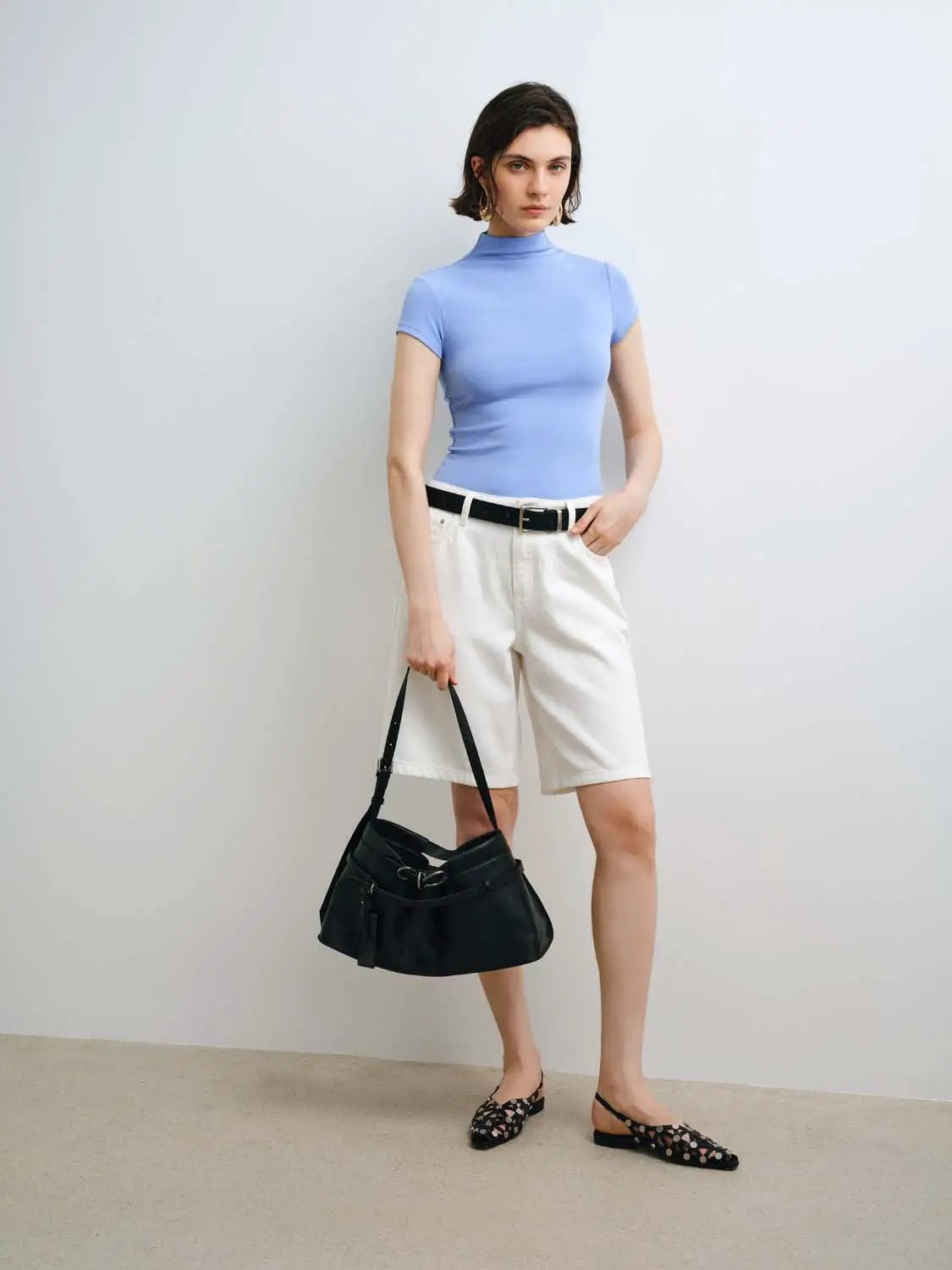 Modal knit T-shirt, light blue, short-sleeve with a smooth finish and fitted silhouette.