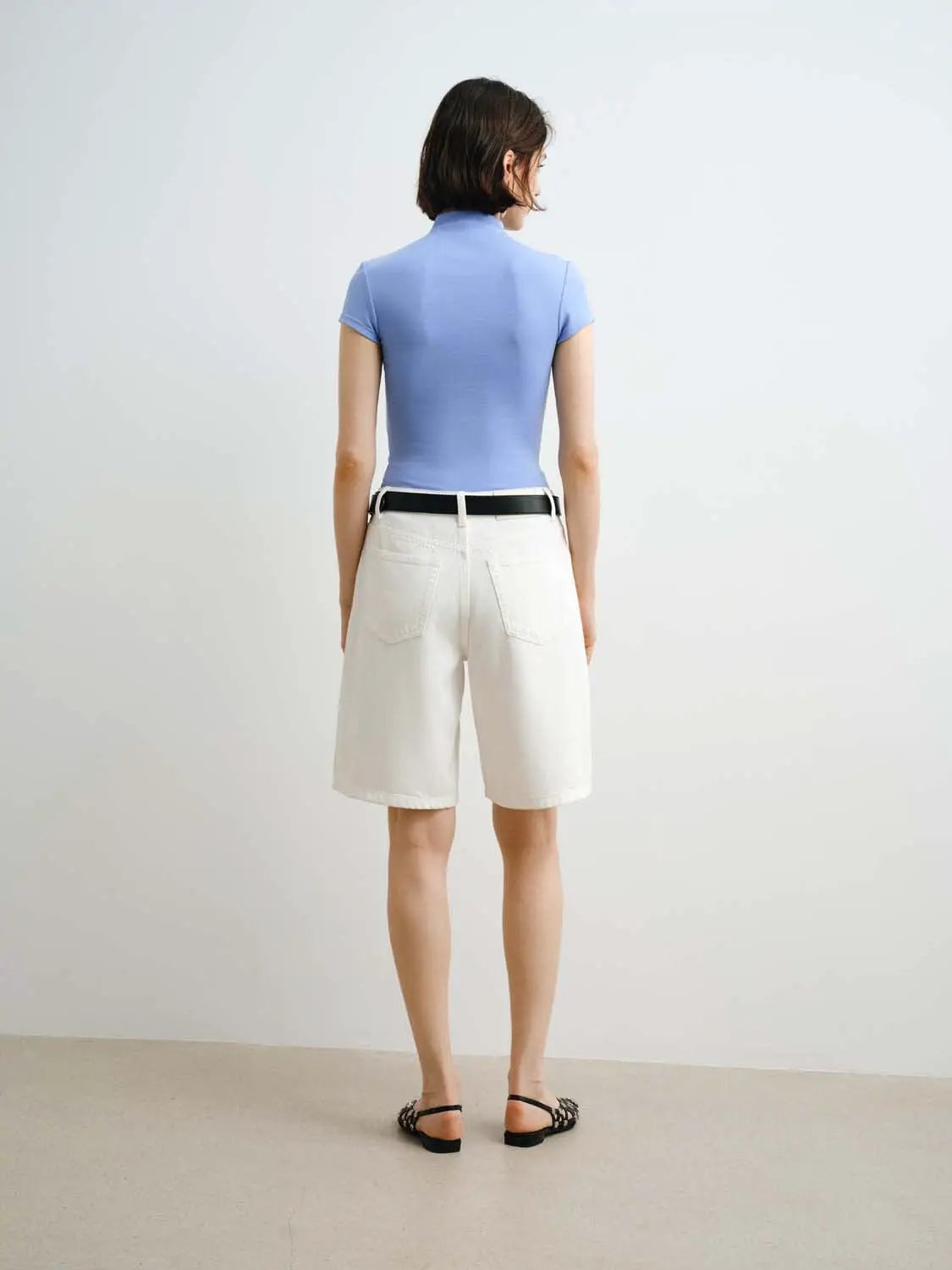 Modal knit T-shirt, light blue, short-sleeve, back view on model