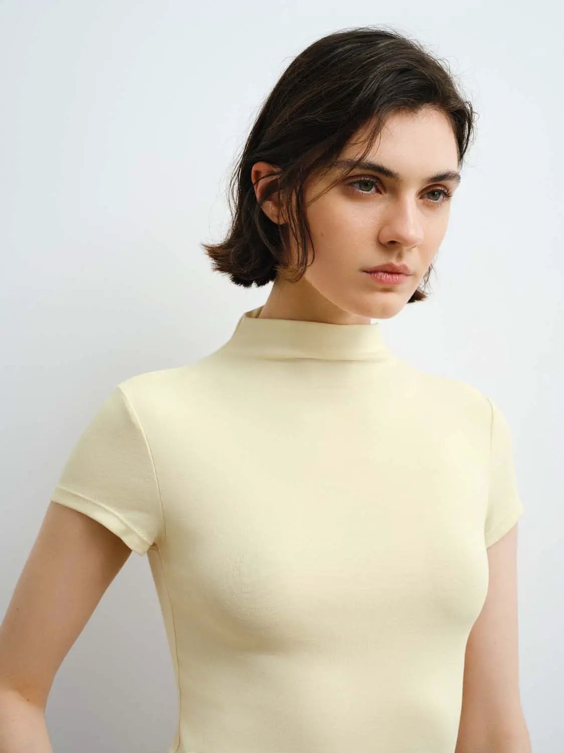 Women's ivory modal-knit T-shirt with short sleeves and a smooth finish