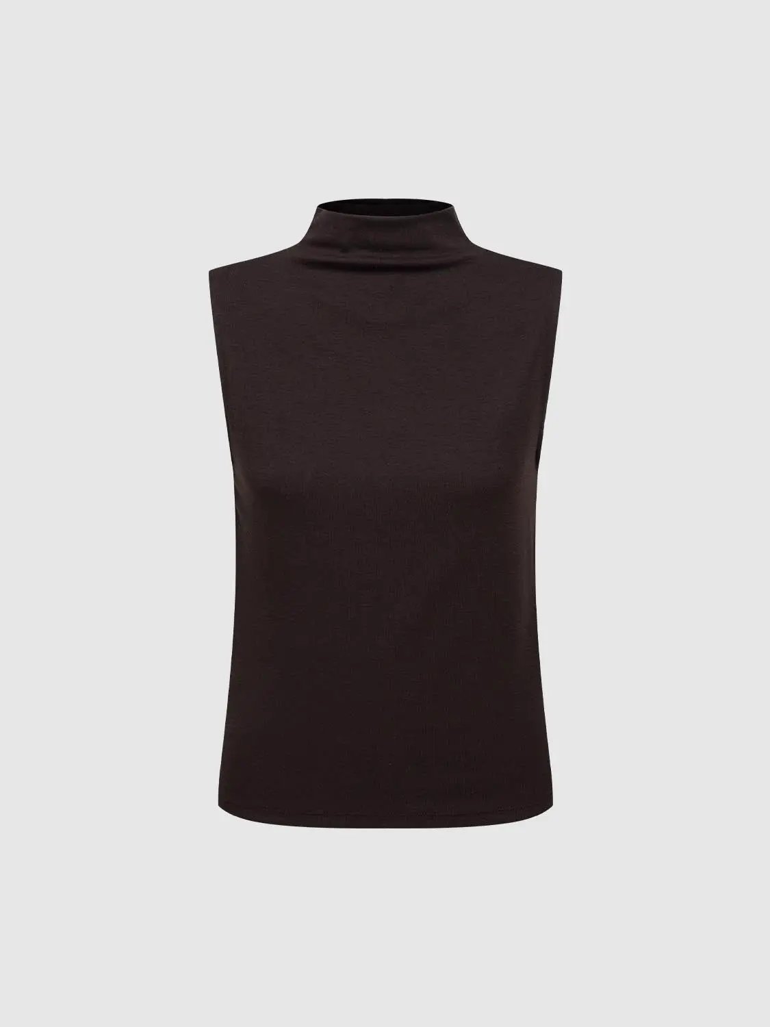 Tank top by Urban Revivo Fashion, dark brown sleeveless mock-neck.