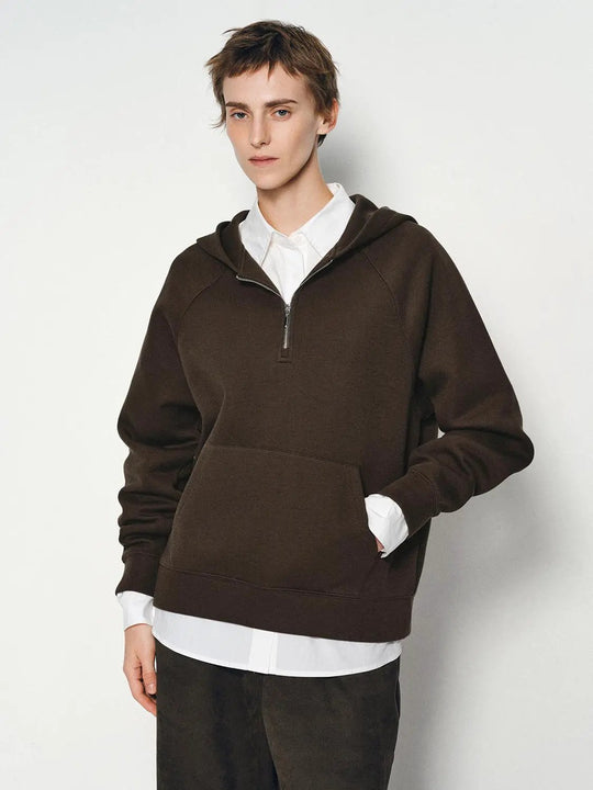 Sweat à capuche en coton mélangé à demi-fermeture éclair, manches longues raglan