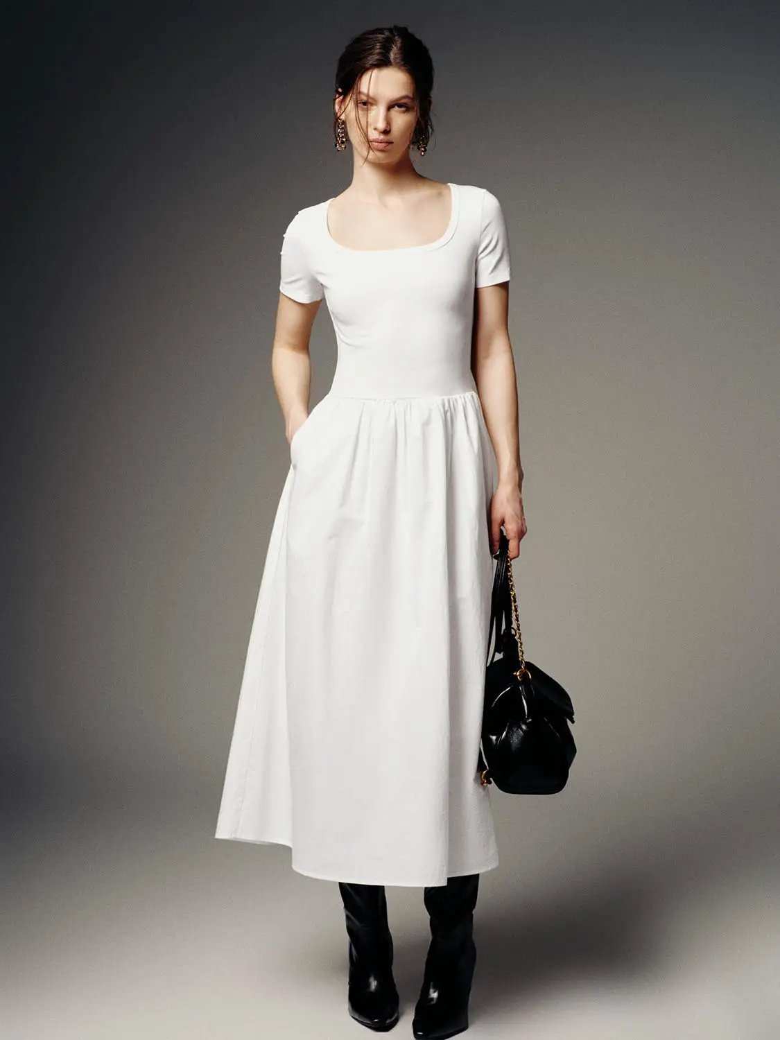 Scoop Neck Short Sleeve A-Line Midi Dresses by Urban Revivo Fashion