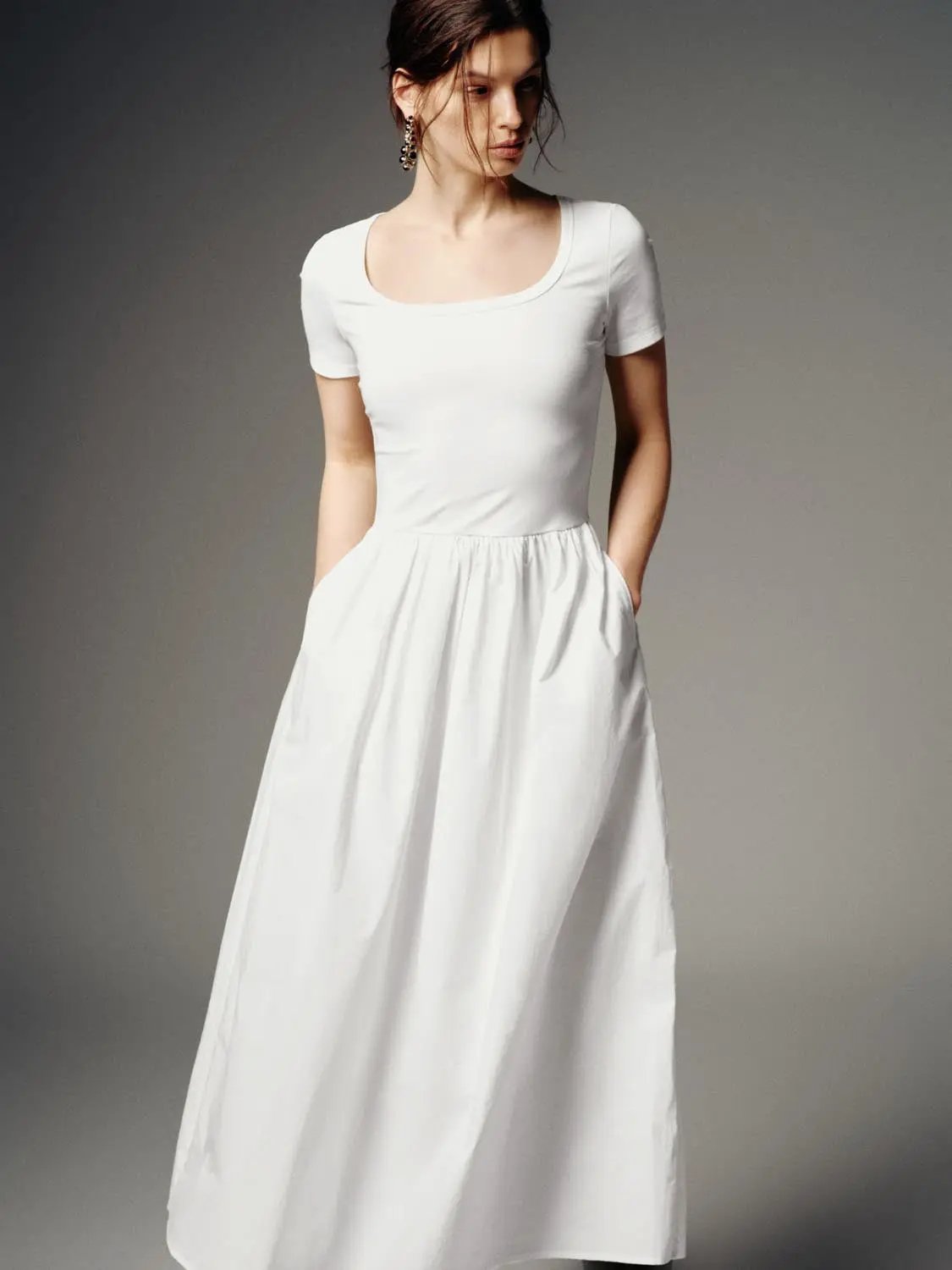 Scoop Neck Short Sleeve A-Line Midi Dresses by Urban Revivo Fashion