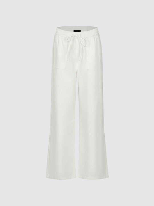 Drawstring Pull On Patch Pocket Wide Leg Jeans