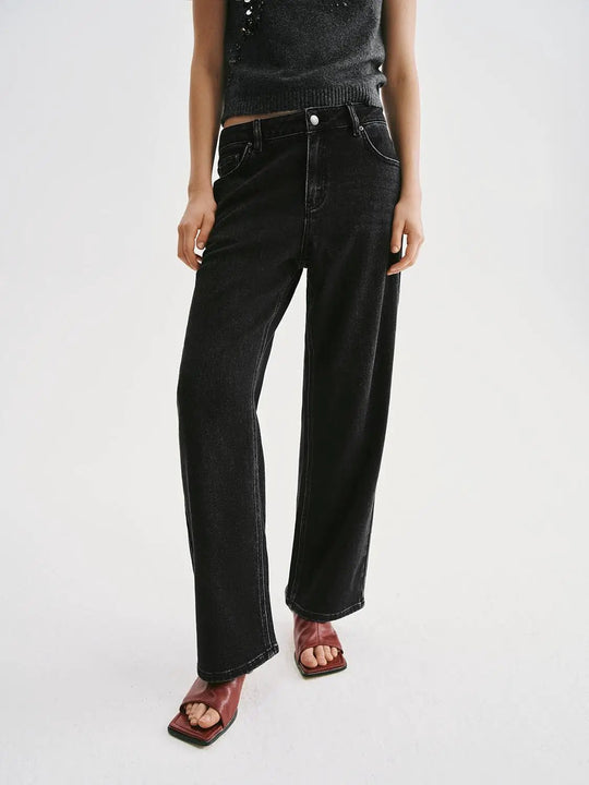 Black High Waisted Wide-Leg Cotton Jeans