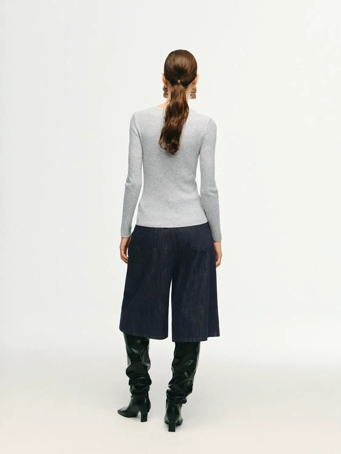 Slim Ribbed Button Front Long Sleeve T-Shirt, light gray knit, Urban Revivo Fashion