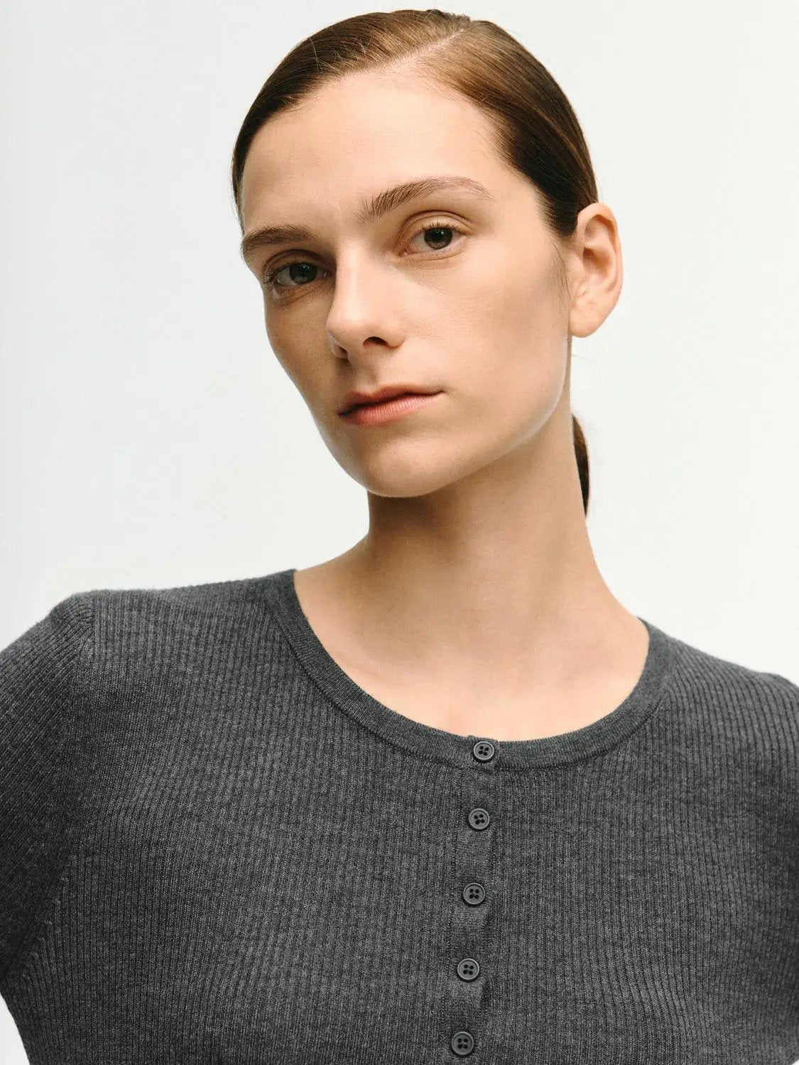 Slim Ribbed Button Front Long Sleeve T-Shirt in dark gray knit by Urban Revivo Fashion