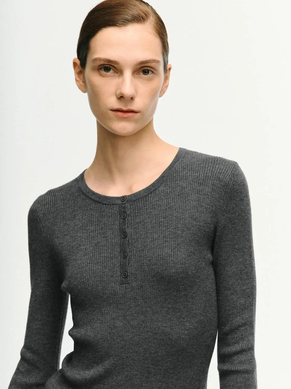 Slim ribbed button-front long-sleeve knitted t-shirt in dark gray.