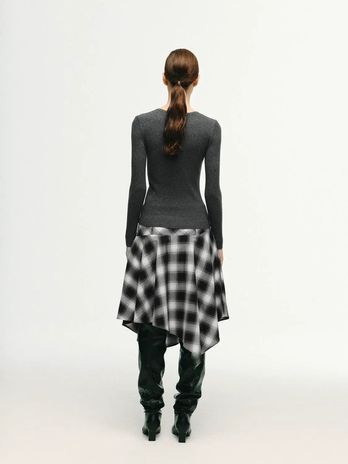 Slim Ribbed Button Front Long Sleeve T-Shirt by Urban Revivo Fashion, dark gray knitted top, back view