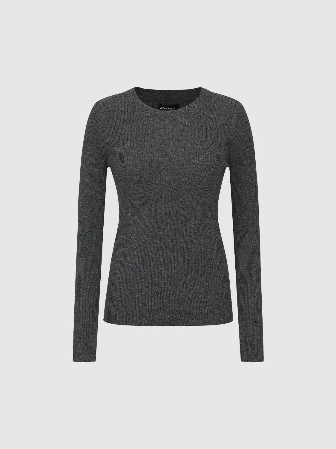 Ribbed fitted long sleeve crew-neck T-shirt, charcoal gray knit, Urban Revivo Fashion.