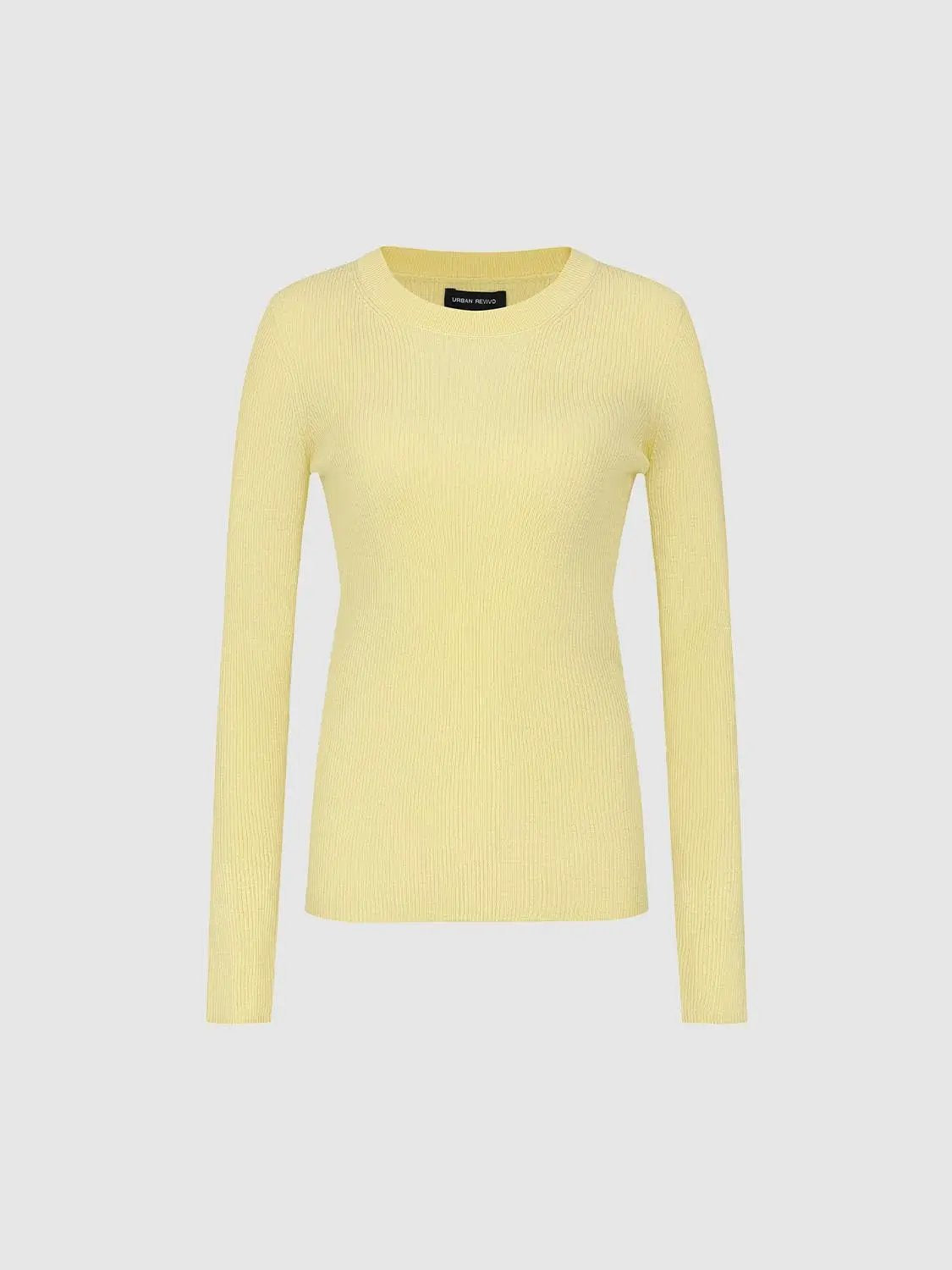 Ribbed fitted long-sleeve crew-neck knit top in pale yellow by Urban Revivo Fashion