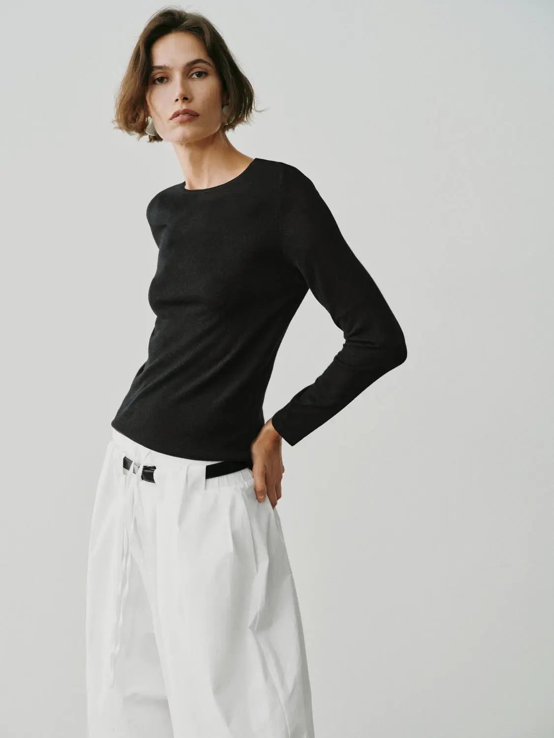 Knit T-Shirt, black long-sleeve knit top; versatile everyday essential