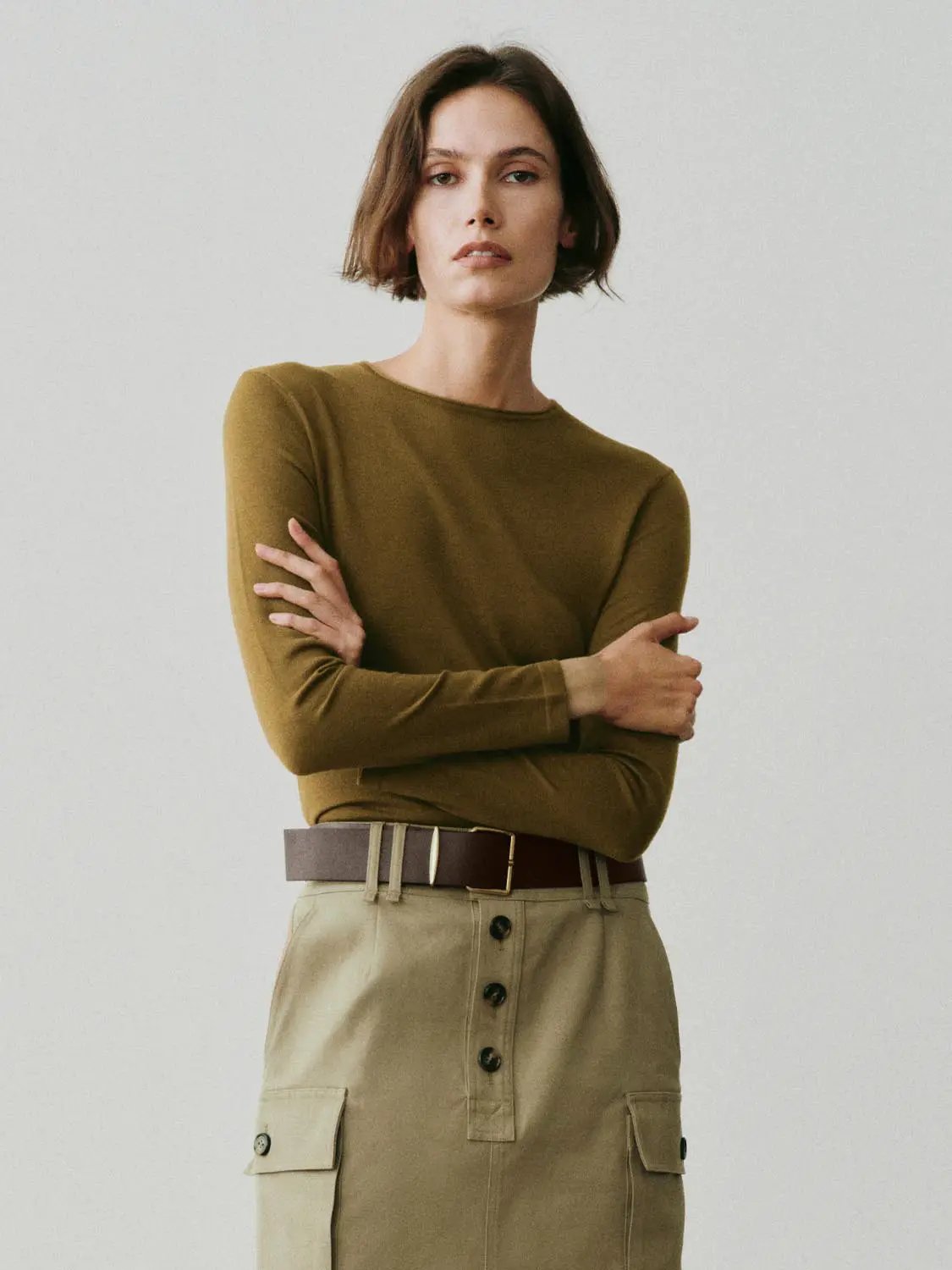 Knit T-Shirt olive top and beige cargo skirt; two-piece outfit by Urban Revivo Fashion