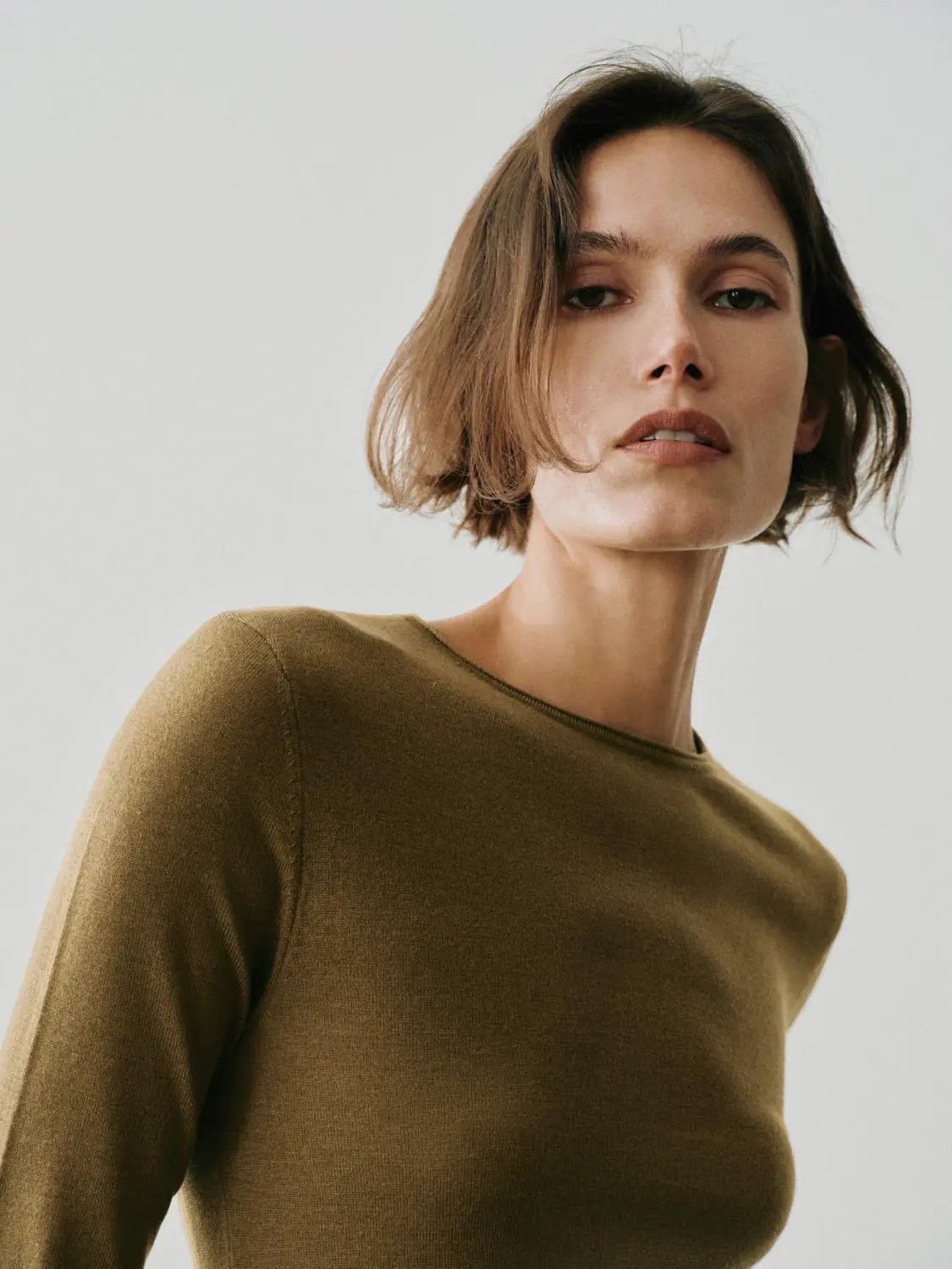 Knit T-Shirt; camel brown knitted top in soft knit fabric.