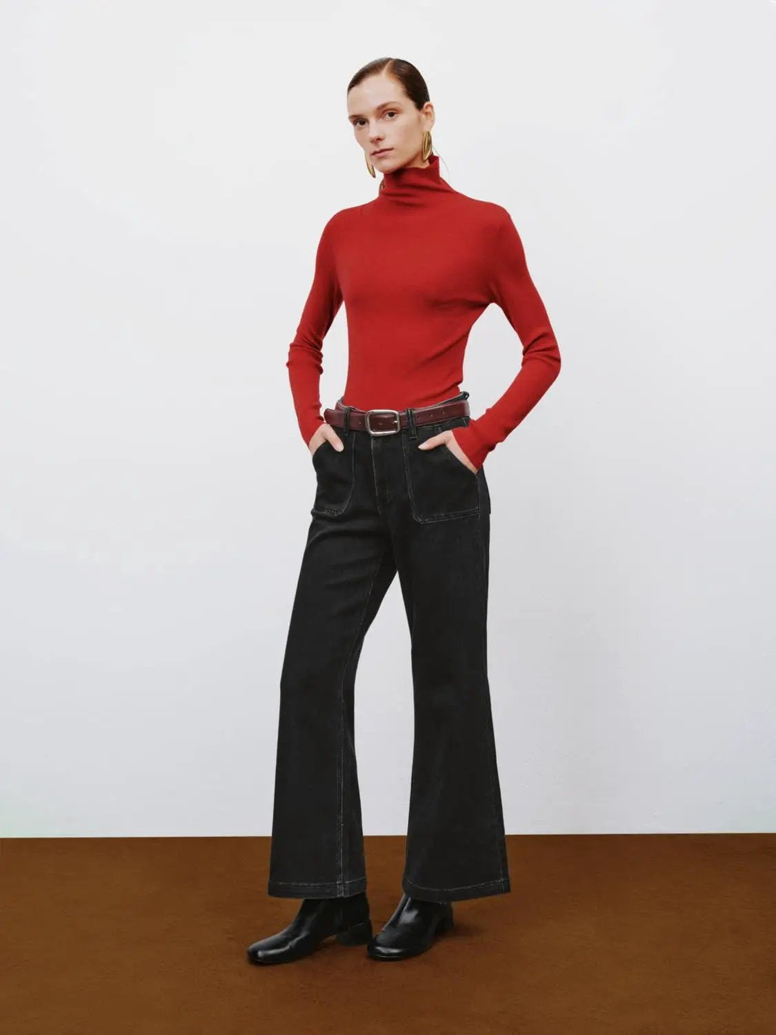 Ribbed fitted mock-neck long-sleeve sweater in red, paired with black wide-leg jeans (2-piece outfit).