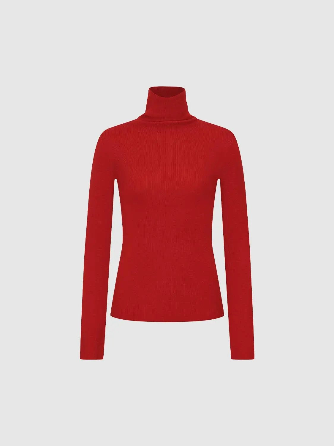 Ribbed fitted mock-neck long-sleeve sweater, bright red knitted top with a sleek silhouette for versatile daily wear.