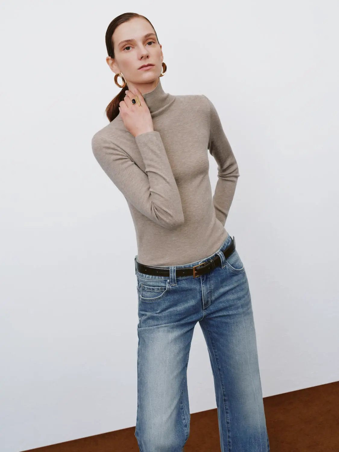 Ribbed fitted mock-neck long-sleeve knit sweater in taupe by Urban Revivo Fashion.