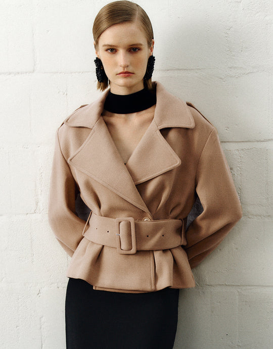 Notch Lapel Skater Wool Blend Jacket With Belt