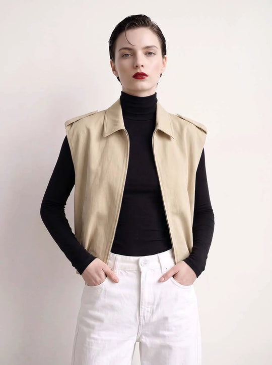 Point Collar Epaulet Detail Zip Front Sleeveless Vest