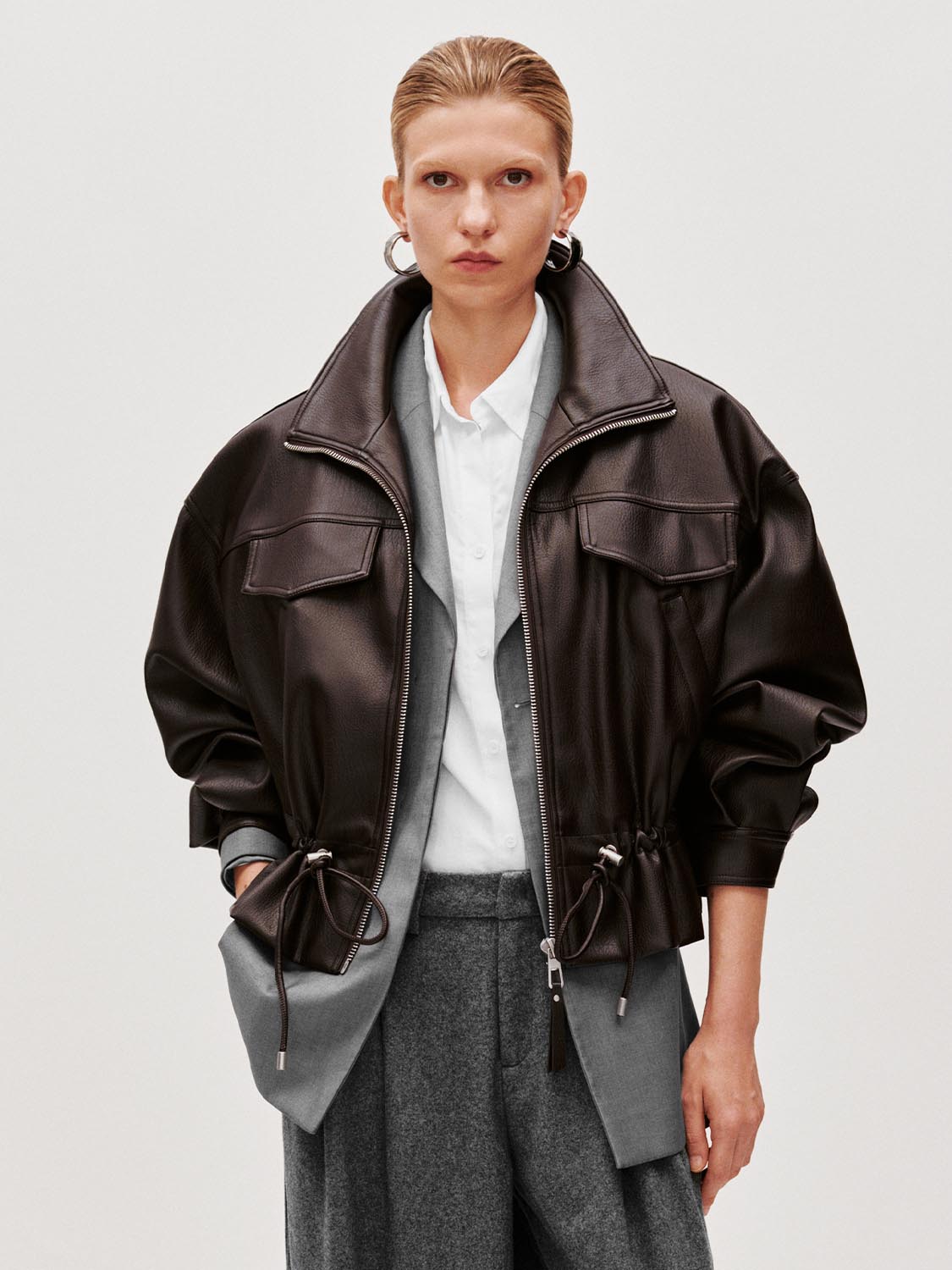 Faux Leather Drawstring Bomber Jackets - Suggy & Jenee