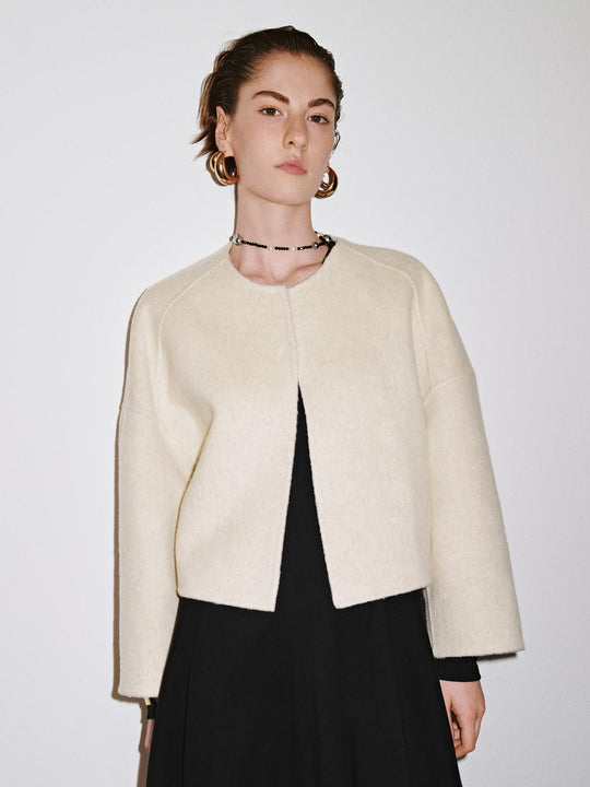 Flare Sleeve Crew Neck Wool Blend Jackets - Suggy