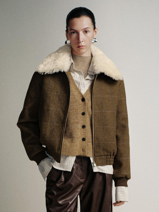 Faux Fur Lapel Plaid Jackets