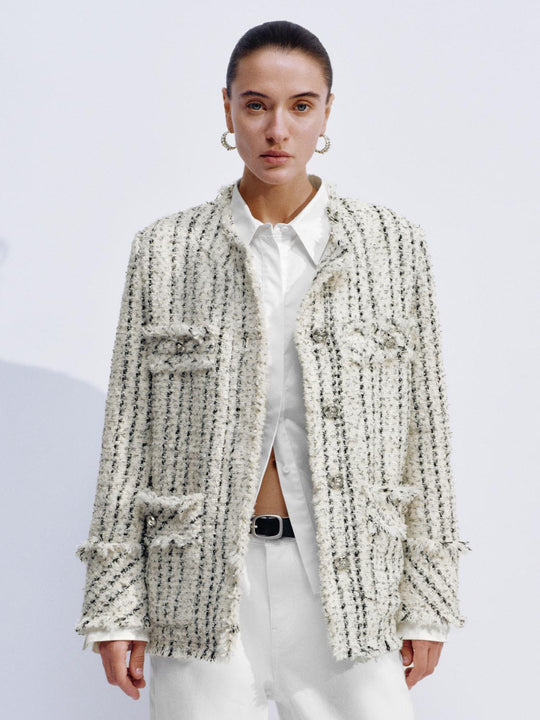 Raw Hem Striped Tweed Jackets