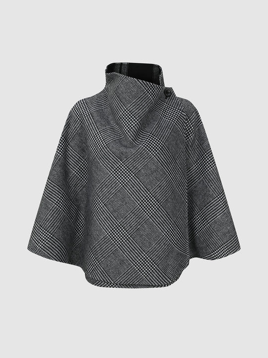 High Neck Striped Diagonal Check Wool Ponchos