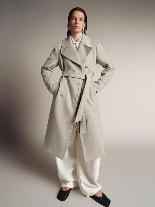Wool Blend Belted Double Breasted Coats