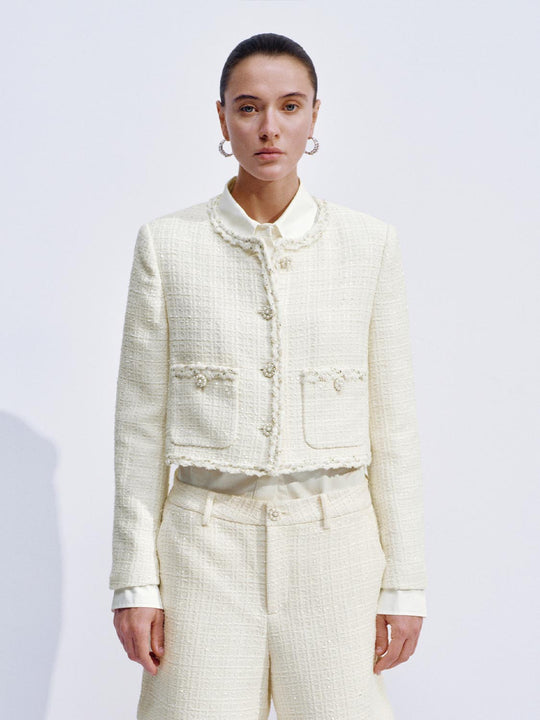 Patch Pockets Crew Neck Tweed Jackets