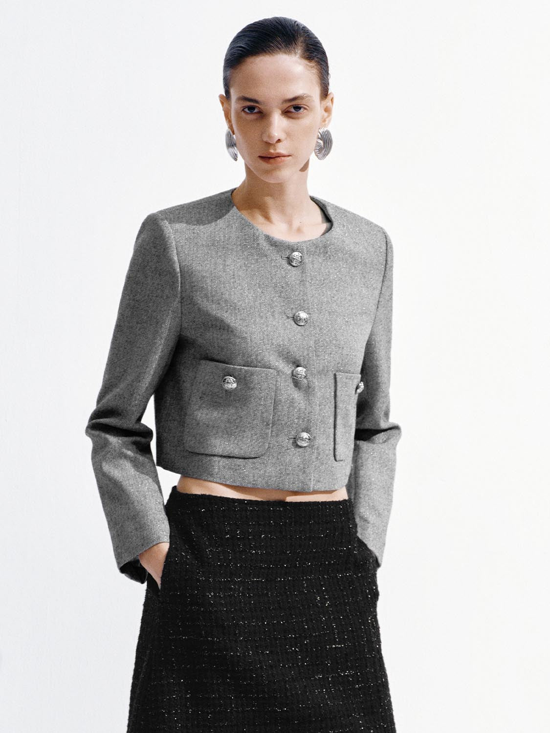 Crew Neck Tailored Tweed Jackets