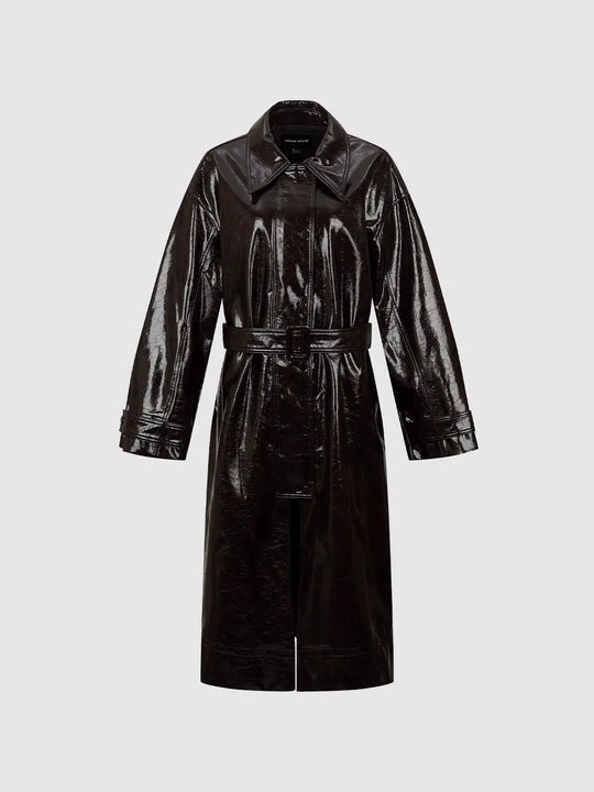 Glossy Shirt Collar Long Sleeve Belted Trench Coat