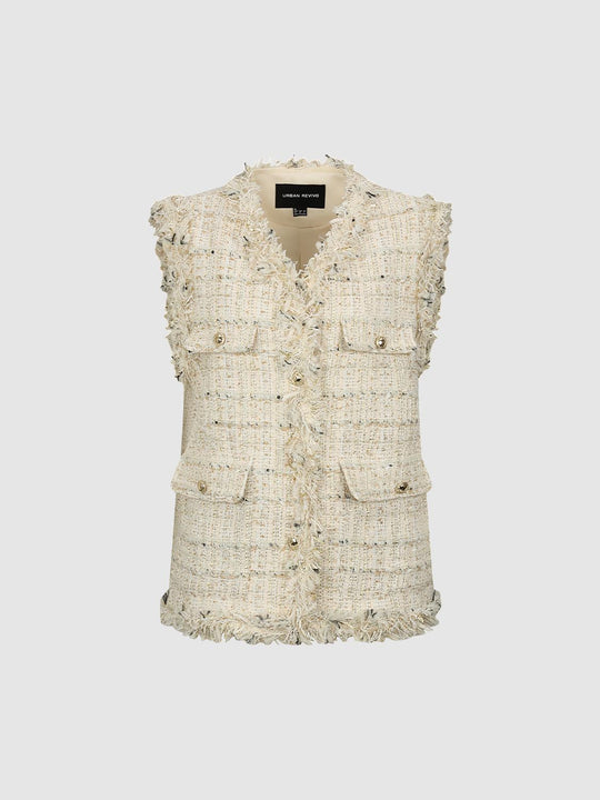 V-Neck Flap Pocket Raw Hem Tweed Vests