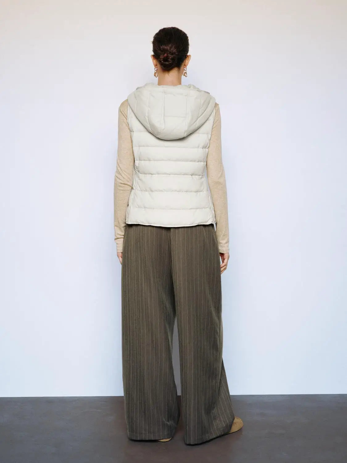 Down jacket by Urban Revivo Fashion; light beige quilted puffer with hood, back view