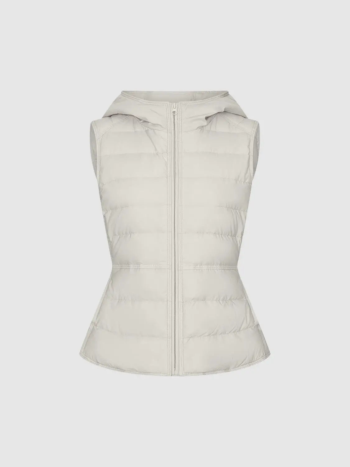 Down jacket, beige quilted sleeveless with hood and full-zip front.