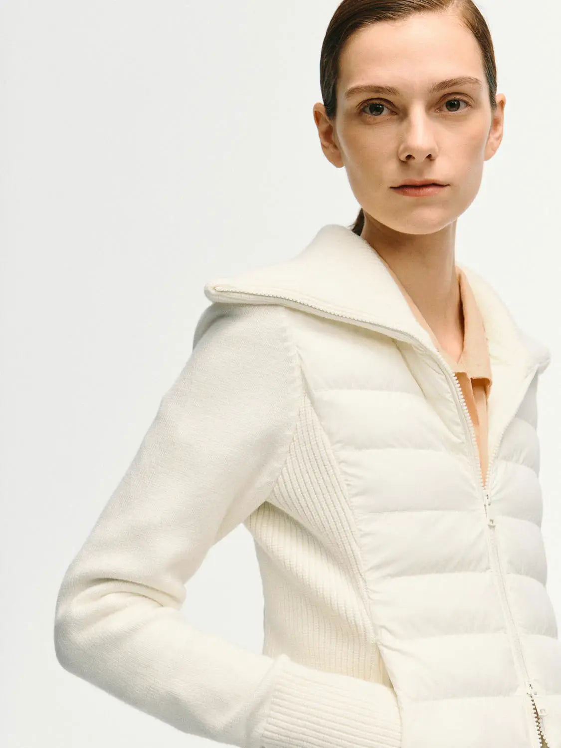 Padded Jacket in white quilted body with knit sleeves and zip, Urban Revivo Fashion