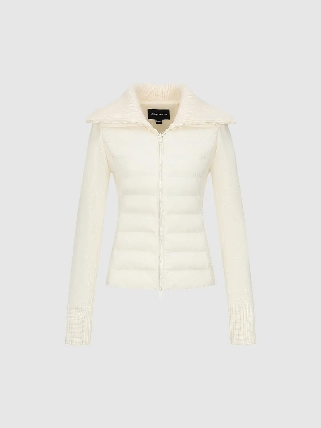 Padded Jacket by Urban Revivo Fashion; cream quilted body with knit sleeves and front zipper