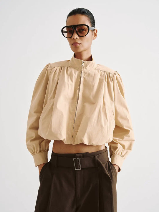 Cropped Puff Sleeve Zip Front Cotton Jacket