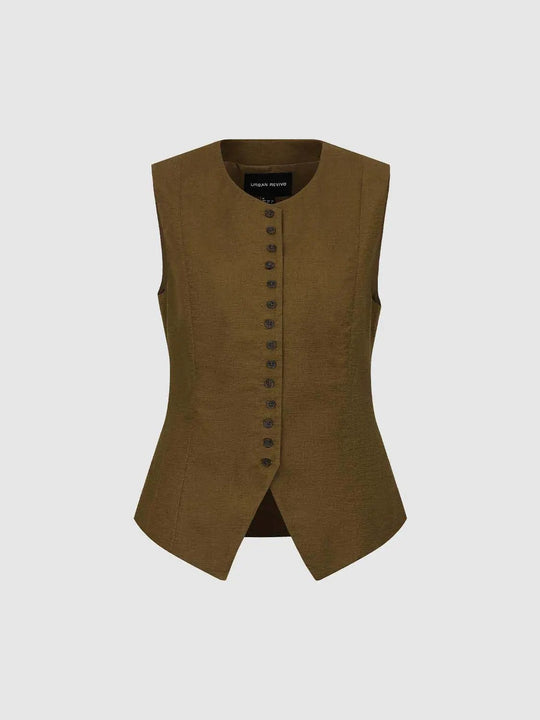 Buttoned Front Closure Tailored Asymmetric Hem Vest