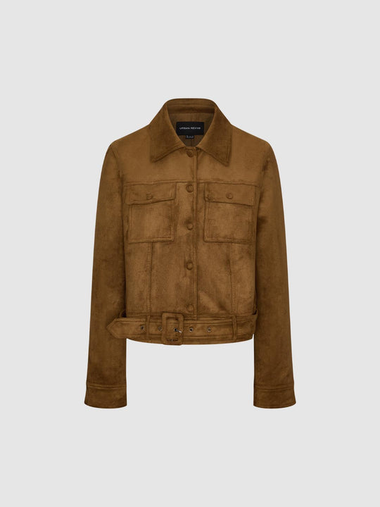 Belted Long Sleeve Textured Shirt Collar Jacket