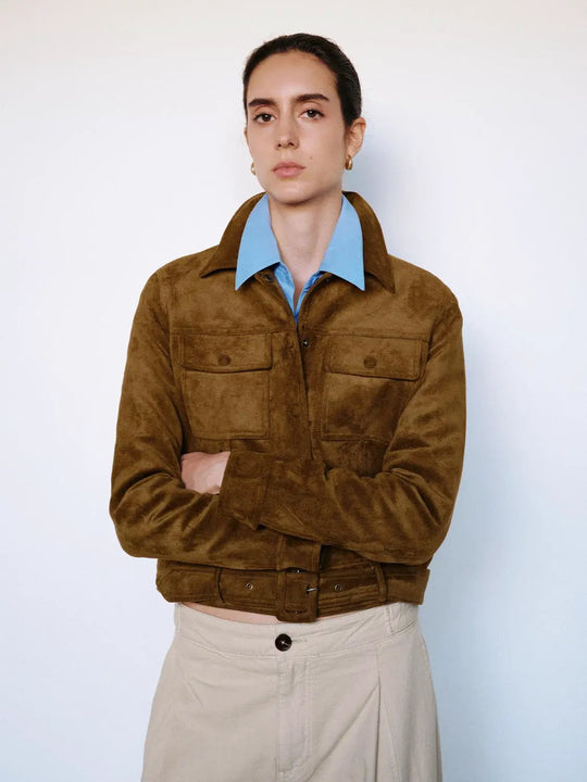 Veste texturée à col chemise et manches longues, ceinturée