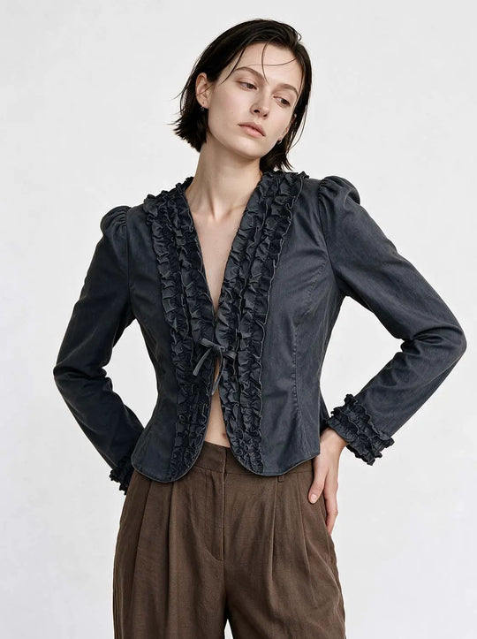 Ruffled Cotton V-neck Tie Front Long Sleeve Jacket