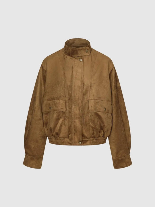 Snap Button Elasticated Hem Stand Collar Long Sleeve Jacket