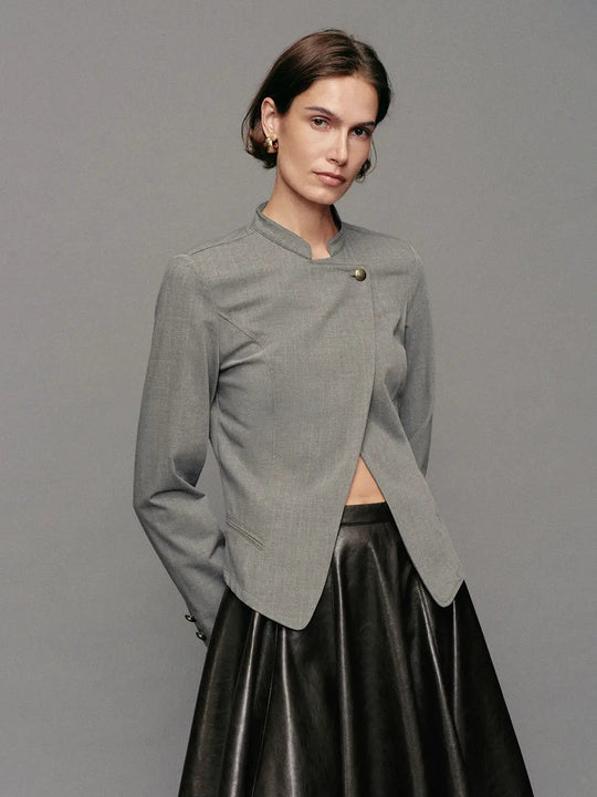 Mandarin Collar Asymmetric Wrap Long Sleeve Jacket