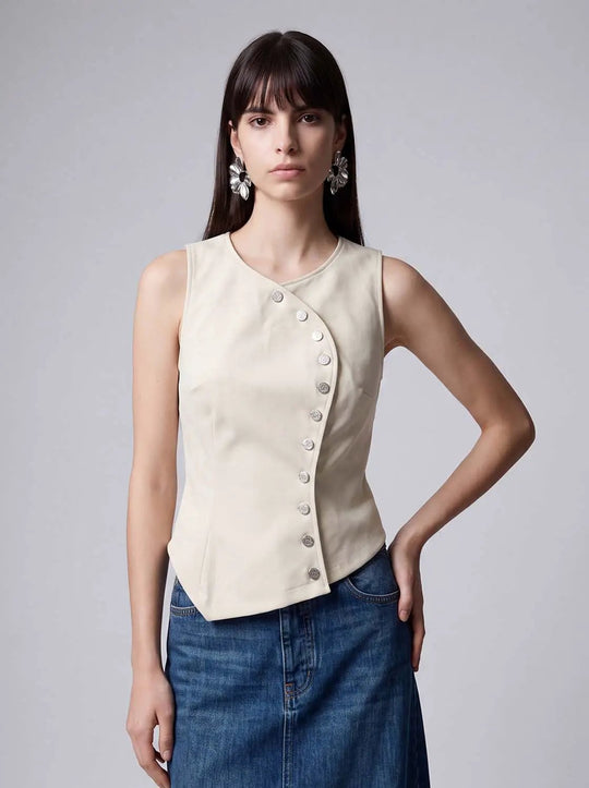 Fitted Asymmetric Button Front Sleeveless Vest