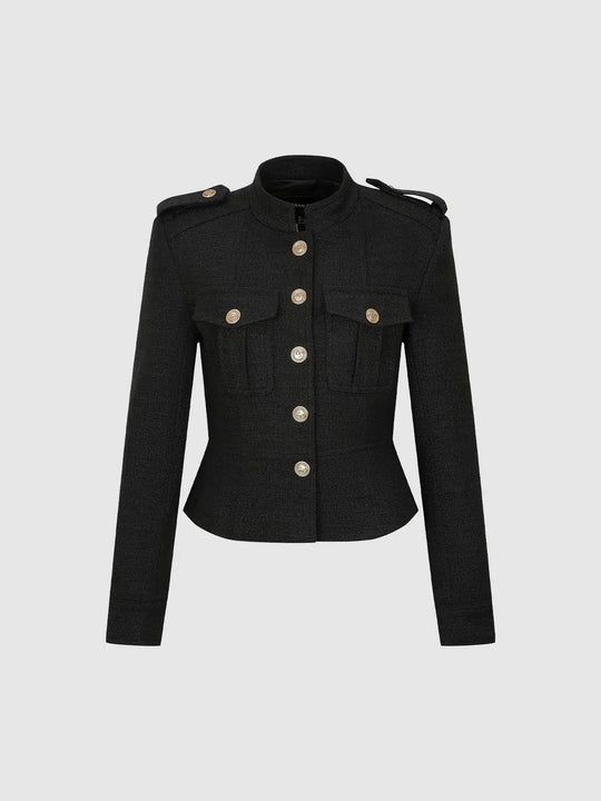 Veste à col montant avec pattes d’épaule, boutonnage sur le devant et bas évasé