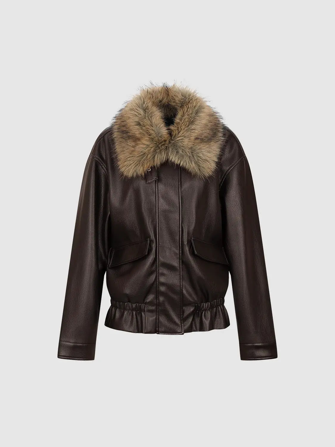 Brown leather jacket with a large fur collar, front pockets, and elastic hem