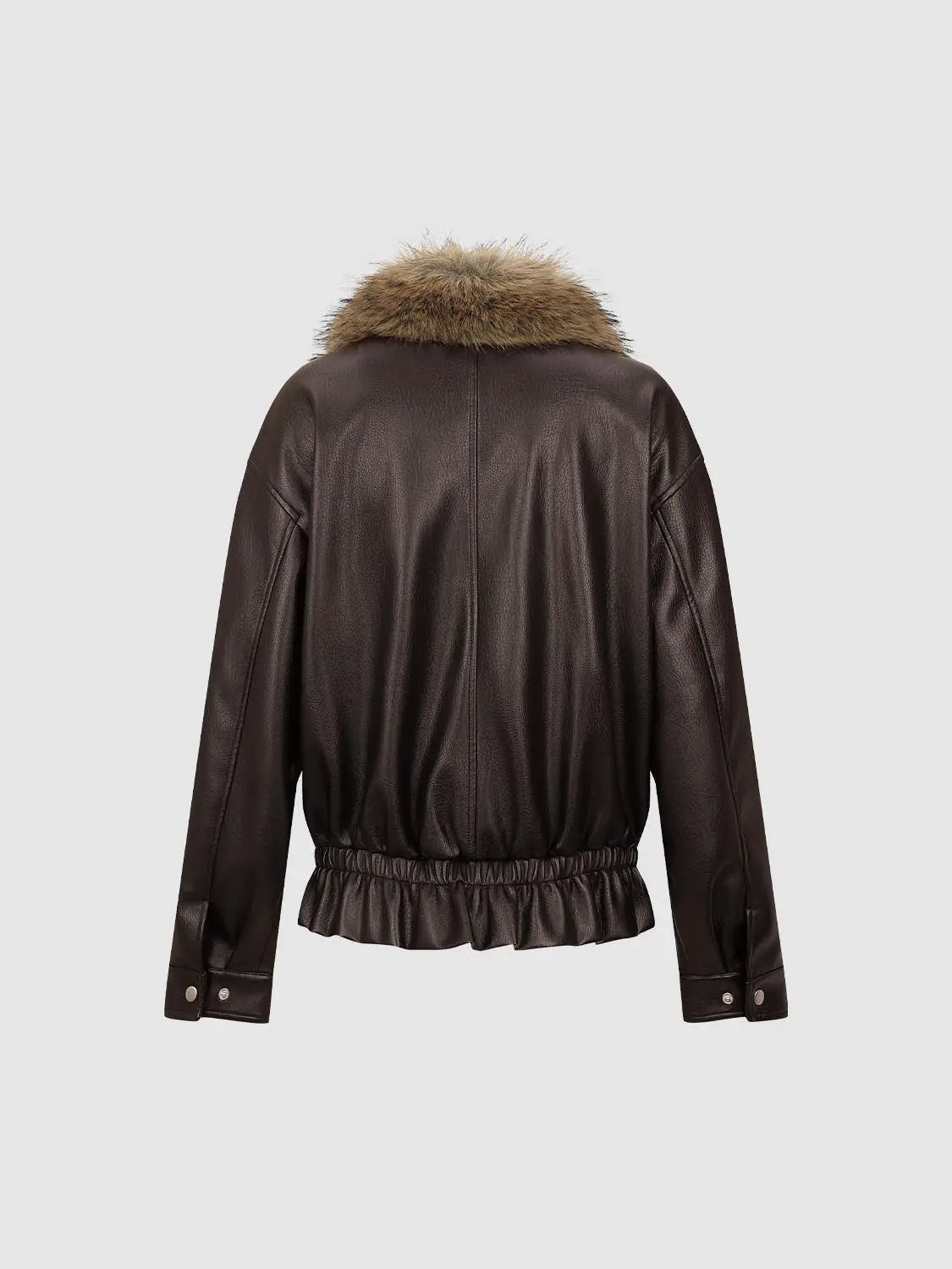 Leather jacket in brown with fur collar and ruffled elastic hem, back view