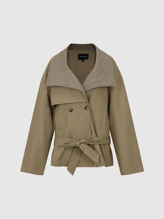Checked Wide Collar Belted Long Sleeve Cotton Jacket